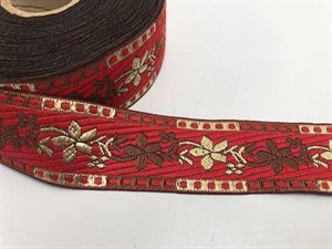 Jacquard vævet bånd - indisk look i klar rød / guld